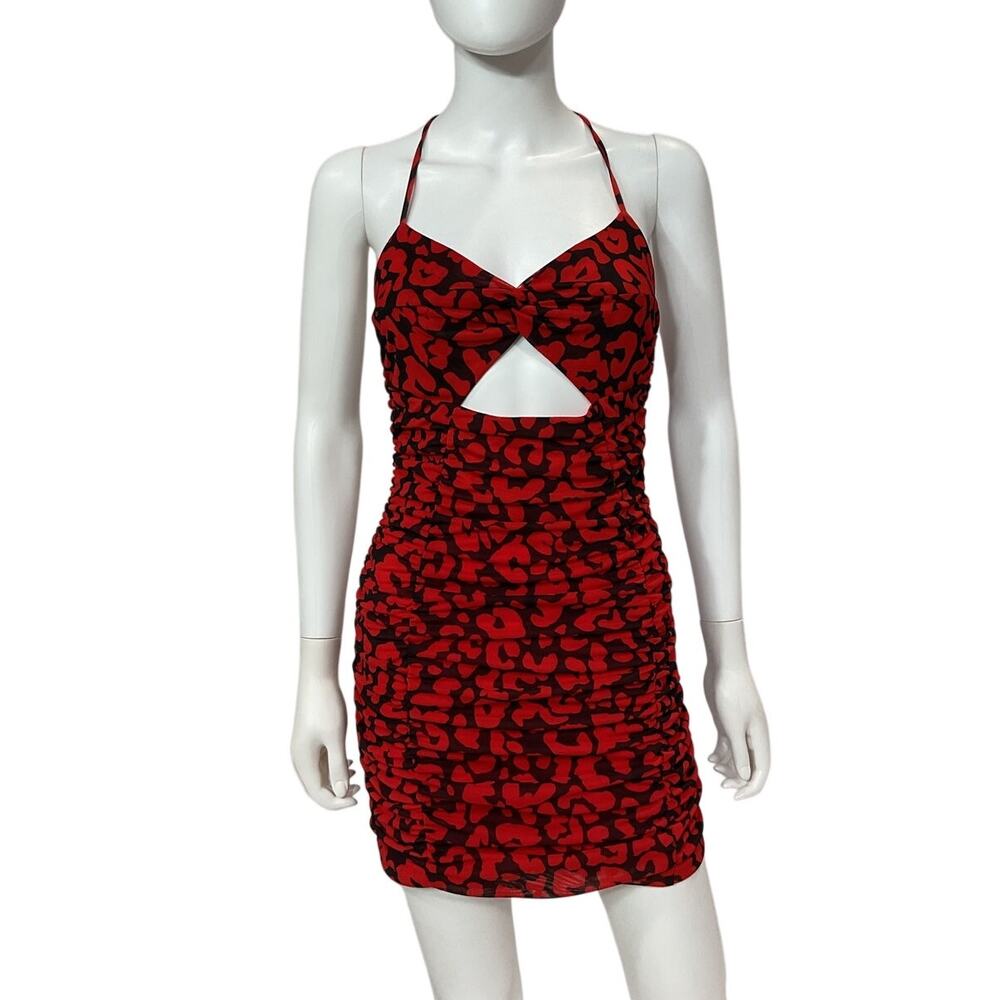 Michael Costello Ruched Red And Black Leopard Afton Mini Dress Size S - Picture 2 of 5